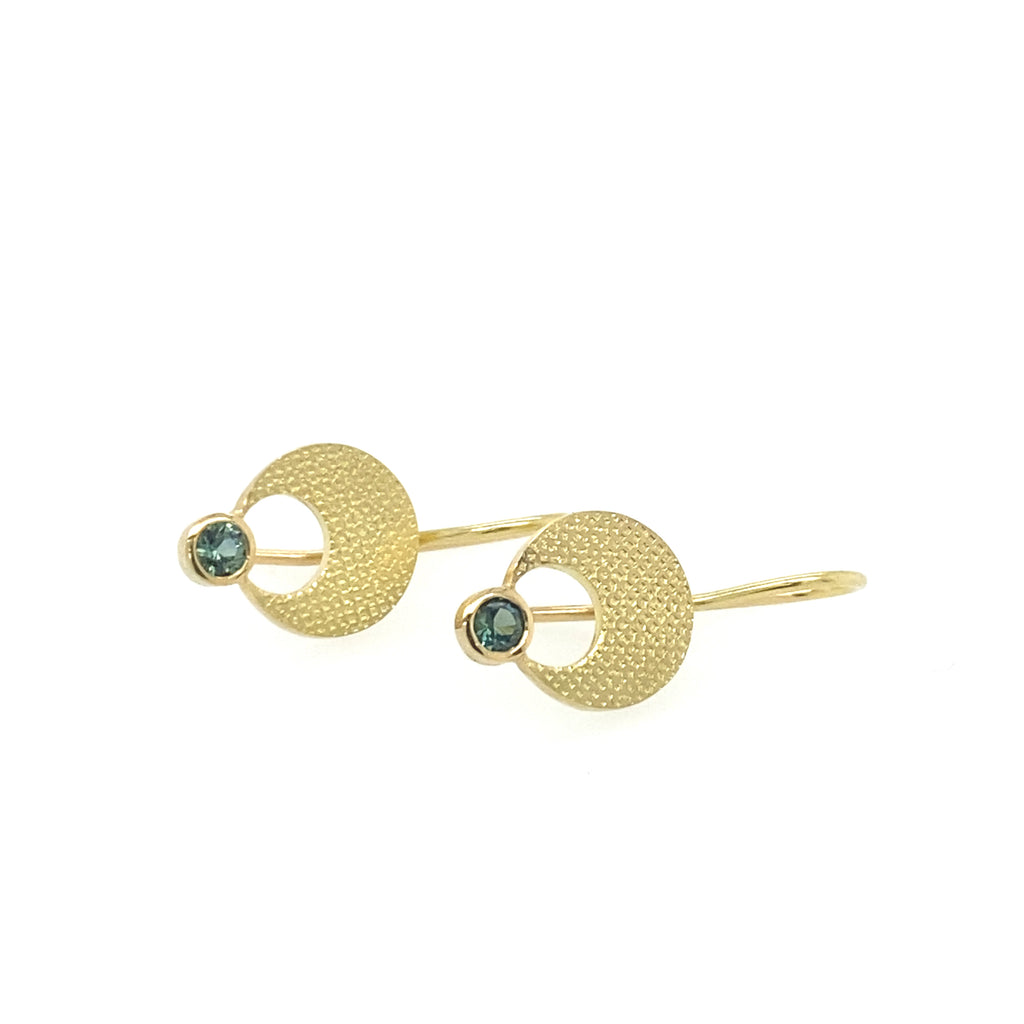 Textured 18ct Yellow Gold & Australian Teal Sapphire Earrings