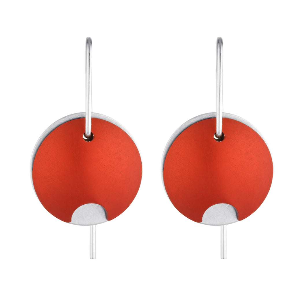 Large red anodised aluminium and sterling silver pod earrings